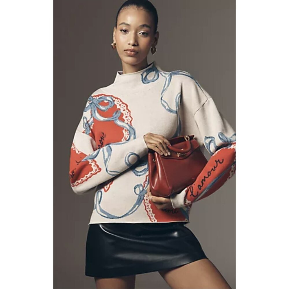 Anthropologie Maeve Carys Sweater Mock Neck Hearts XL